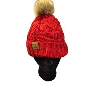 C.C Red Cable Knit Pom Beanie Hat With Faux Fur Pom One Size